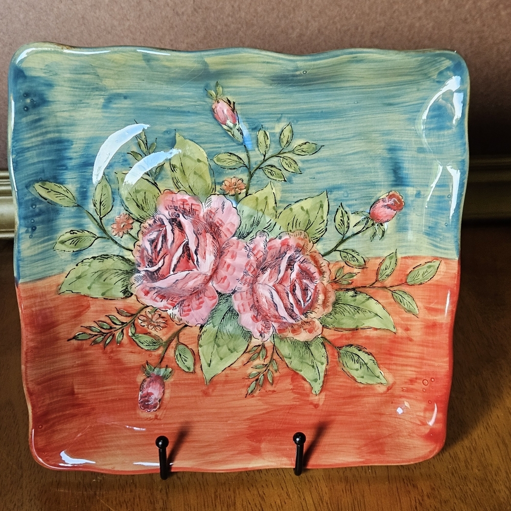 Pink Rose Hand Painted Floral 9" Square Glazed Ceamic Wavy Platter Tray
